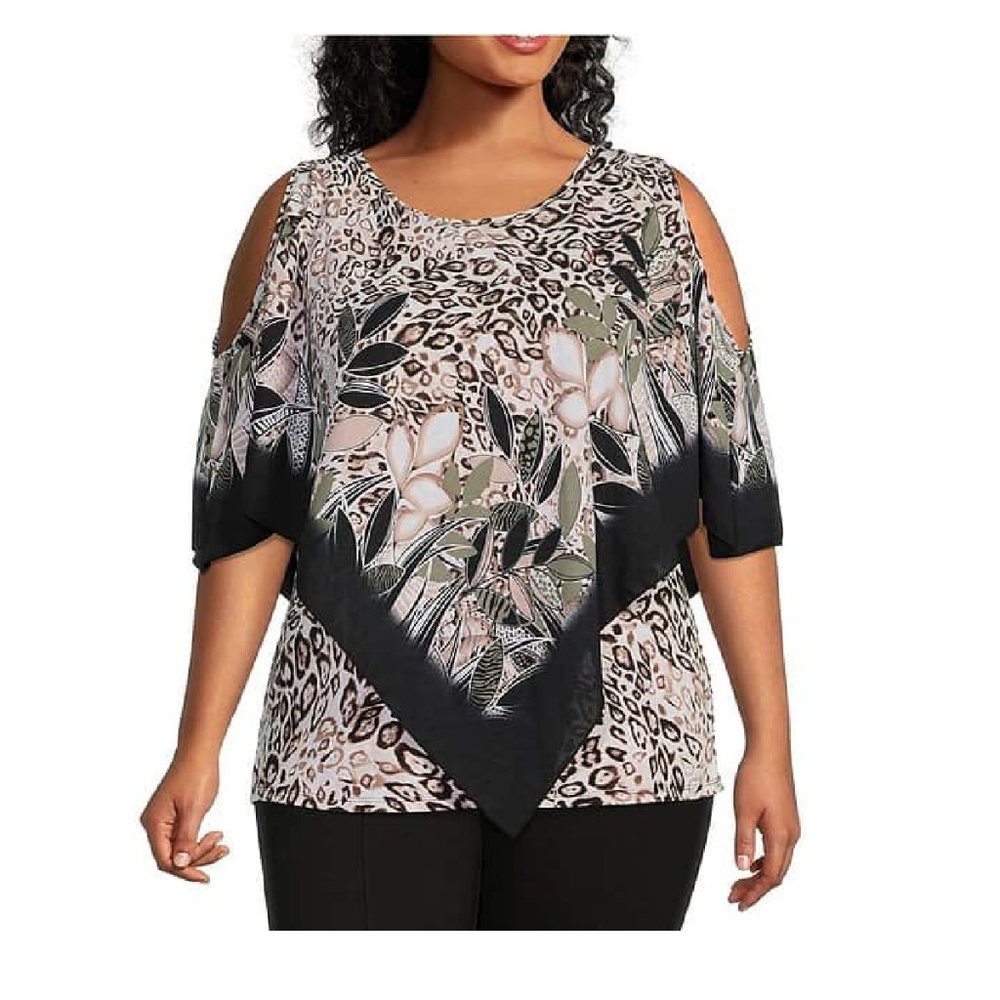 Plus Size Top Poncho Style Blouse Botanicals & Leopard Print Round Neck poncho
